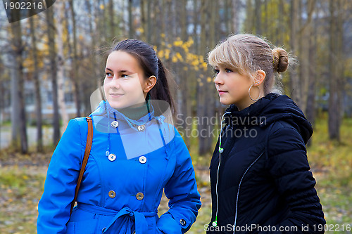 Image of Two girls walking in the autumn park