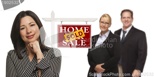 Image of Mixed Race People with Sold Real Estate Sign Isolated