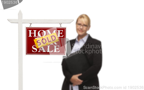 Image of Businesswoman Behind Sold Home For Sale Real Estate Sign Isolate