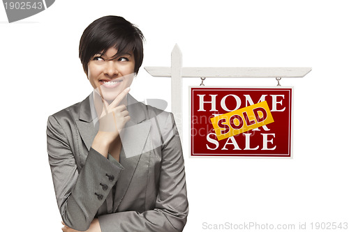 Image of Woman and Sold Home For Sale Real Estate Sign Isolated