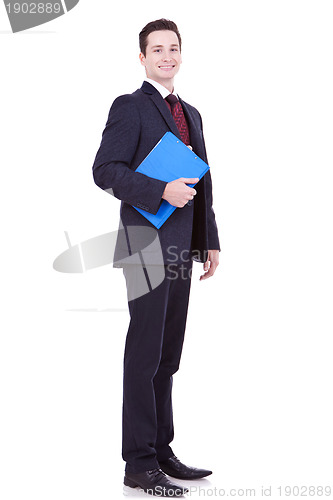 Image of young business man with a blue clipboard