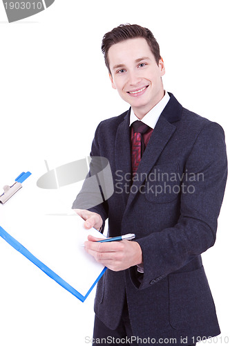 Image of business man showing blank clipboard