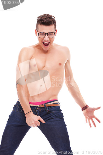 Image of young fit shirtless man wearing glasses