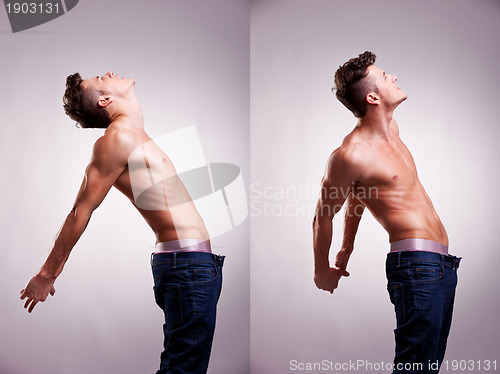 Image of two artistic portraits of young topless man