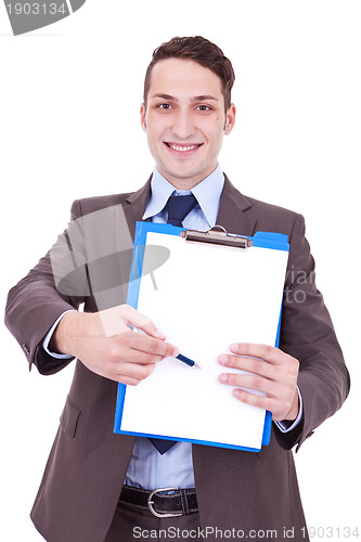Image of business man showing blank clipboard
