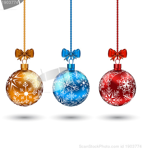Image of Christmas multicolor balls with bows isolated on white backgroun