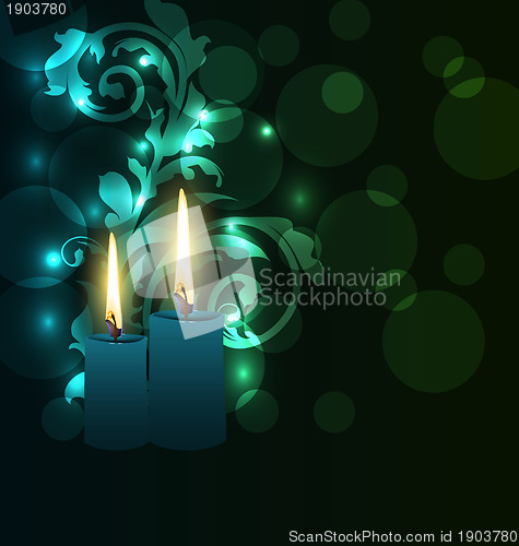 Image of Greeting glowing card with candles for Diwali festival