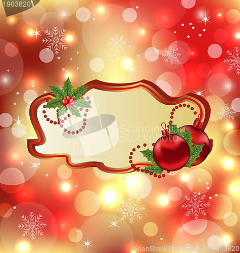 Image of Greeting elegant card with mistletoe and Christmas bal