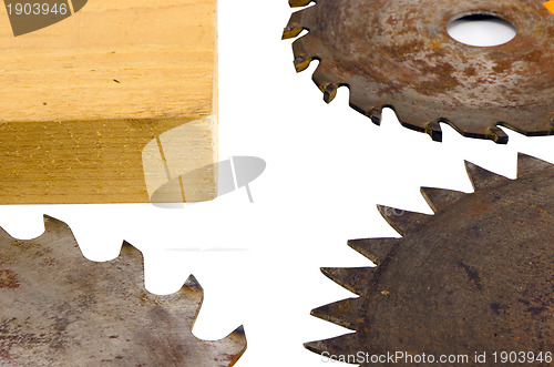 Image of circular saw disks blades and boad part on white 