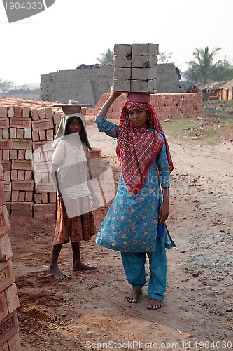 Image of Brick field workers carrying complete finish brick from the kiln