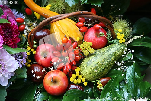 Image of Fall arrangement with fruits and flowers