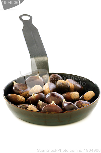 Image of Chestnuts roasting in a pan.