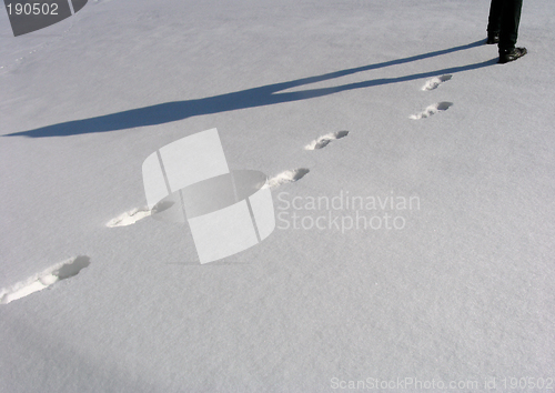 Image of Man legs and footprints on the snow