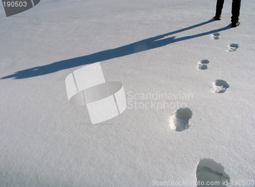 Image of Man legs and footprints on the snow