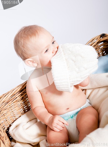 Image of cute little baby infant in basket with teddy 