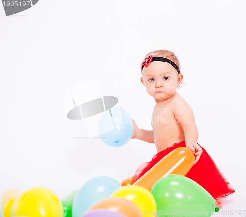 Image of cute little baby child with colorfull balloons birthday