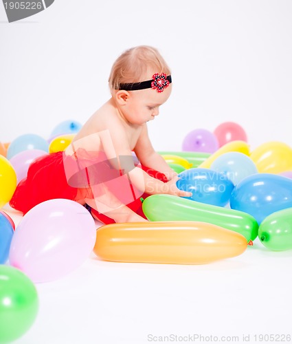 Image of cute little baby child with colorfull balloons birthday