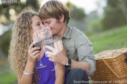 Image of An Attractive Couple Enjoying A Glass Of Wine in the Park