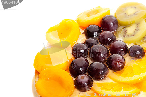 Image of good looking fruits on top of a yummy cake 