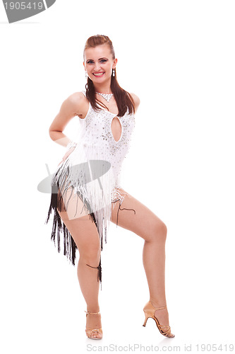 Image of young latino woman dancer posing on white