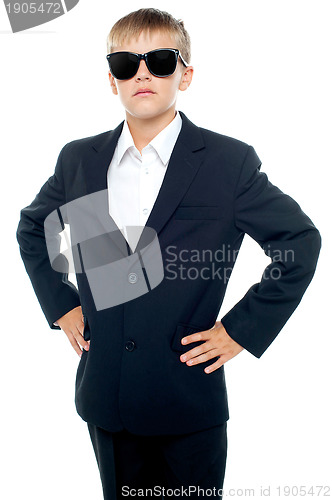 Image of Confident little master wearing suit and shades