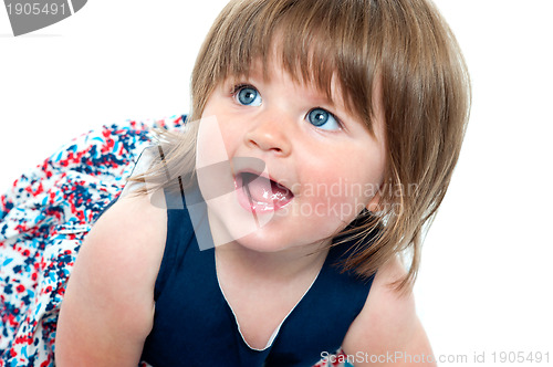 Image of Closeup shot of blonde cute baby girl crawling