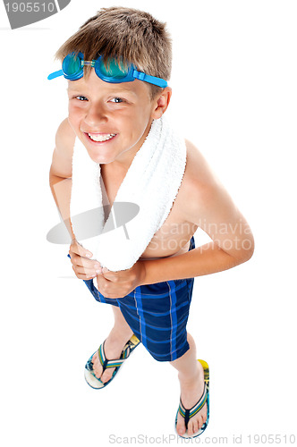 Image of Top angle shot of a young kid in swimming costume