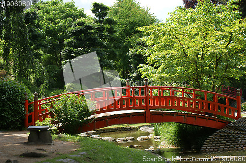 Image of Red bridge in a japanese garden