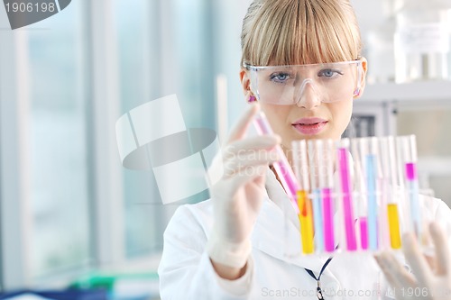 Image of female researcher holding up a test tube in lab