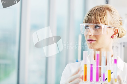 Image of female researcher holding up a test tube in lab