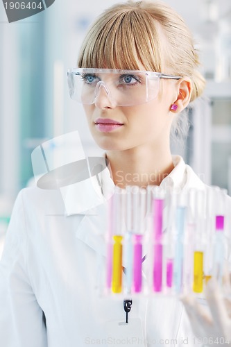 Image of female researcher holding up a test tube in lab