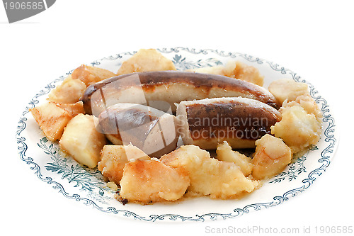 Image of baked white sausages with apple