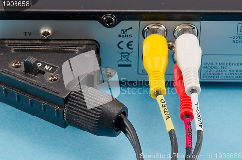 Image of dvb-t tv receiver back side scart tulip wires plug 
