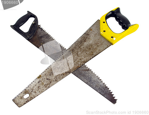 Image of crossed hand-saw hand saw isolated over white 