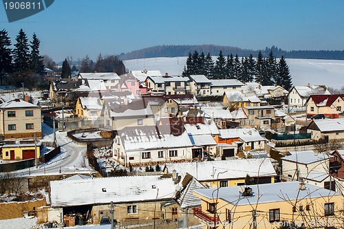 Image of Aerial view of small village in winter, Czech Republic.