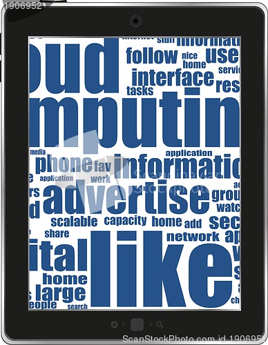 Image of Tablet pc with business  words on white background
