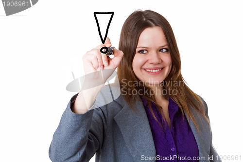 Image of Young woman writing exclamation mark