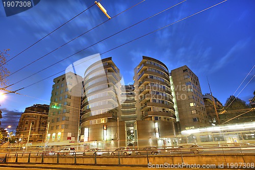 Image of City town in front of Lausanne main station at sunset in Switzer