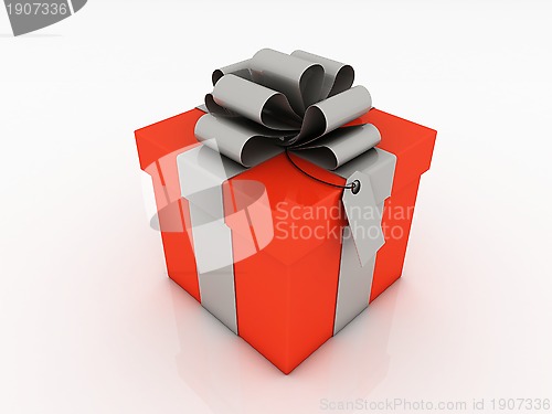 Image of Gift box with silver ribbon bow isolated on white background 