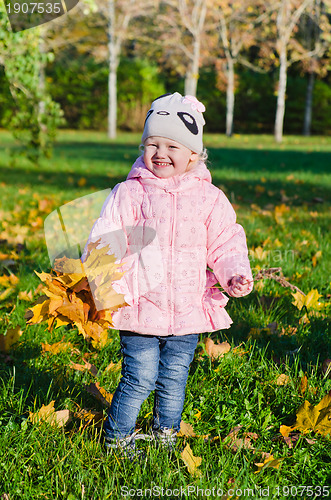 Image of The little girl collects fallen down leaves in autumn park
