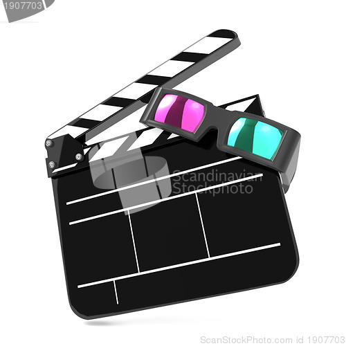 Image of Clapboard with Anaglyph Glasses and Film Reel.