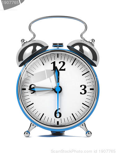 Image of Blue Old Style Alarm Clock Isolated on White.