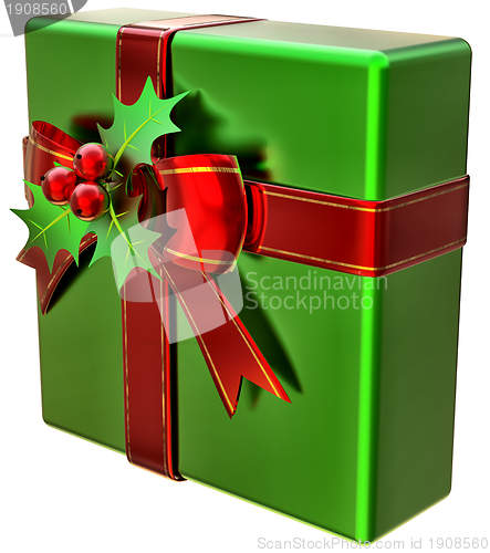 Image of Christmas green gift with red ribbon and bow