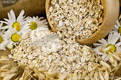 Image of Oat flakes in a wooden bowl with chamomiles