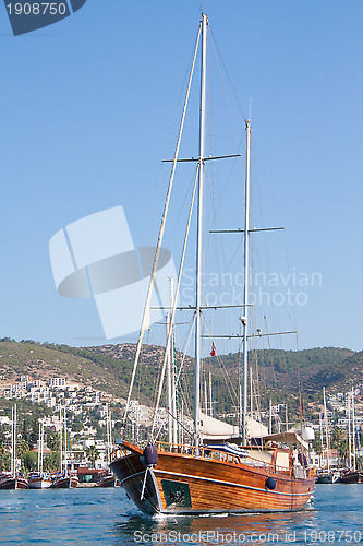 Image of Sailing boat leaving Bodrum Marina, Turkey
