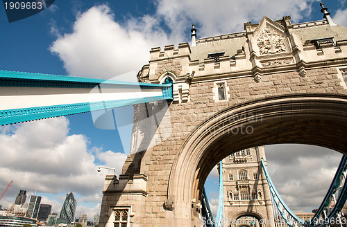 Image of Wide angle view of Tower Bridge Structure with City background