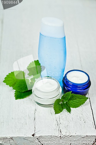 Image of face cream and lotion with urtica leaves 