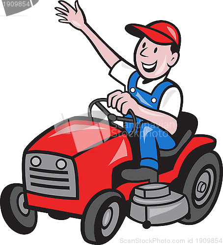 Image of Farmer Driving Ride On Mower Tractor 