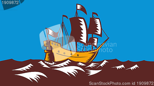 Image of Tall Sailing Ship Retro Woodcut