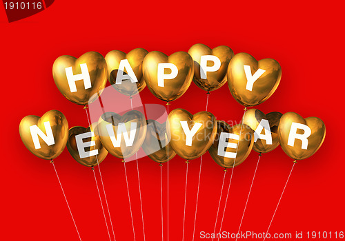 Image of gold happy new year heart shaped balloons